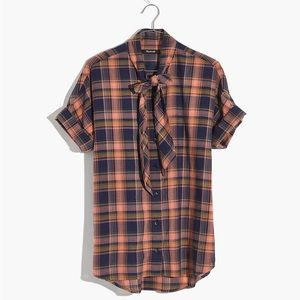 Madewell Short-Sleeve Tie-Neck Shirt in Junipero Plaid XL